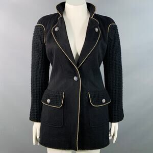 CHANEL Pre-Fall 2015 Size 10 Black Gold Wool Waffle Notch Lapel Jacket